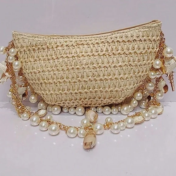🆕 Straw Seashells and Pearls Shoulder Handbag - Picture 3 of 8